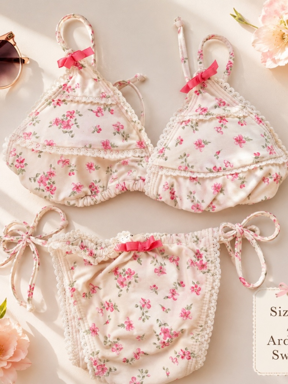 Ardene Floral Bikini Set | Size S | Pink Bow Swimwear